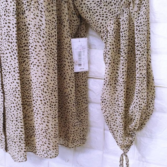 NWT Halston Animal Print Romantic Poet Blouse BabyDoll Top -XL Balloon LSL Beige - Picture 6 of 12
